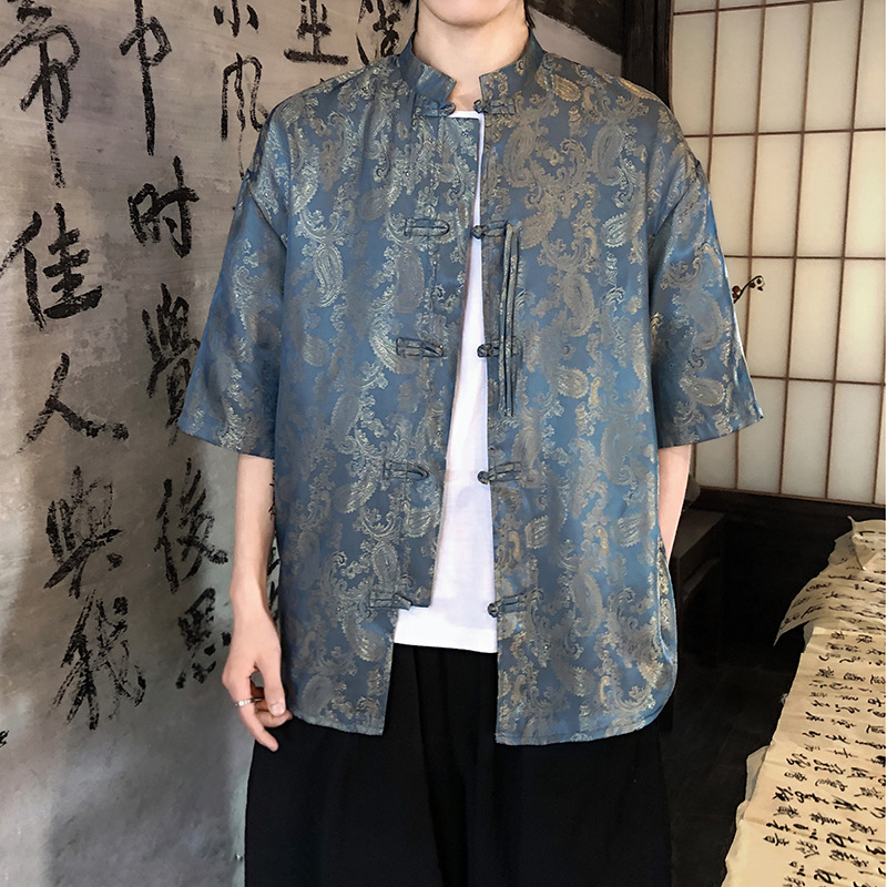 2025 Summer New Arrival Chinese Style Ice Silk Breathable Short-Sleeved Shirt Men's Retro Phoenix Jacquard Buckle plus size Shirt