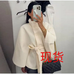 跨境欧美新品高品质优雅毛呢女式披肩立领系带单排扣外套2025秋冬