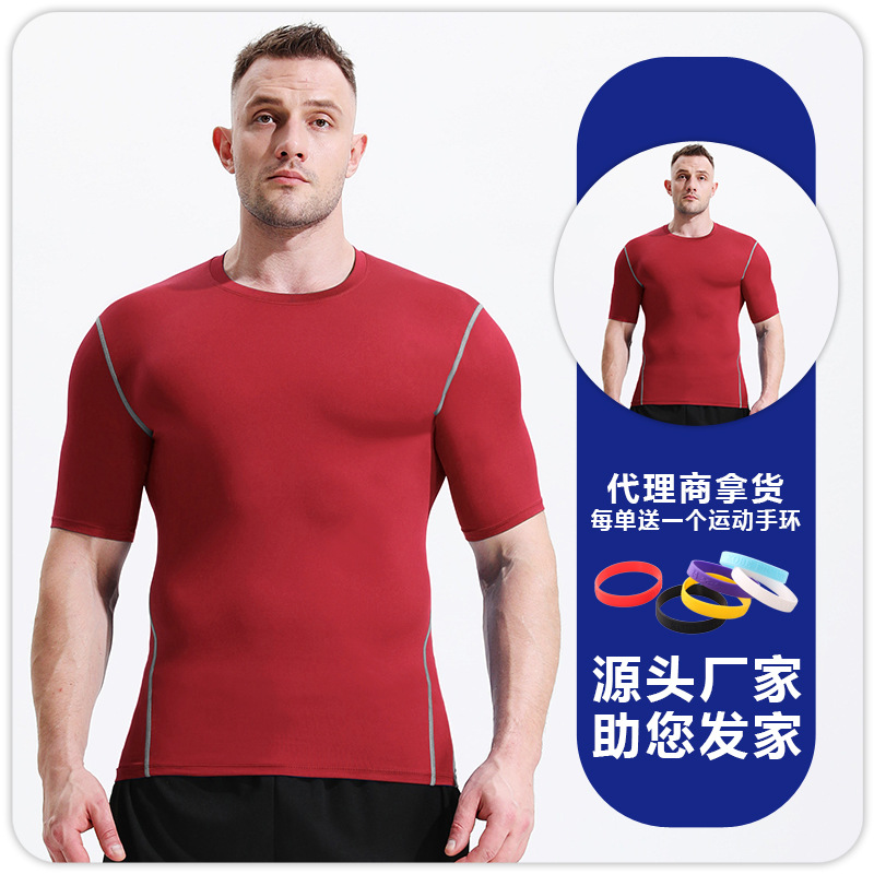 Camiseta deportiva de hombre, camiseta delgada con mangas cortas de verano de color sólido de alta elasticidad deportiva, ropa de ejercicio casual para correr image 9