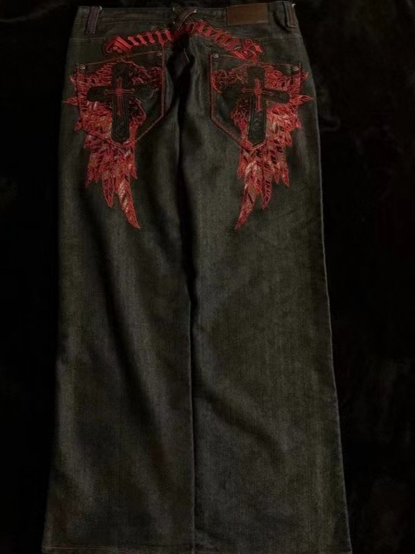 クロスボーダーメーカー直販アメリカンレトロ刺繍トレンディブランドヒップホップストリートワイドレッグハイウエストジーンズカジュアルで多用途|undefined