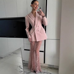 ヨーロッパとアメリカの女性服の越境販売 AliExpress INS 人気のラペルウエストボタン付きスーツジャケット + レーススカート