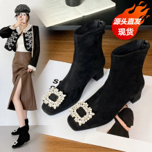 小码32方扣水钻靴子女2025秋冬新款粗跟瘦瘦靴弹力靴韩版尖头绒面