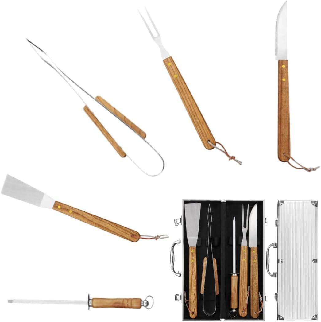 Fuente fabricante de acero inoxidable conjunto de herramientas de barbacoa camping al aire libre BBQ mango de madera caja de aluminio parrilla de cinco piezas conjunto de combinación
