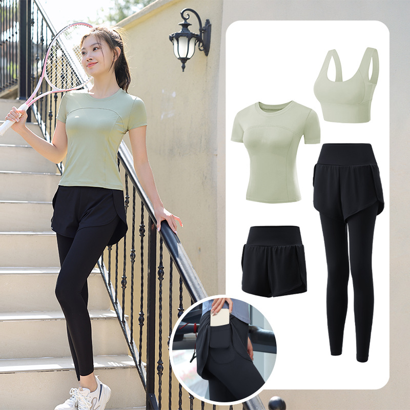 Trajes de yoga para mujeres de verano para correr ropa deportiva suelta rápida ropa seca bolsillo para correr trajes de mujeres de la mañana para correr comercio exterior