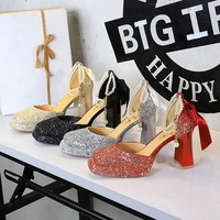 7723-H79TP sequined high heels waterproof platform women's shoes butterfly knot pearl buckle thick heel hollow sandals for women