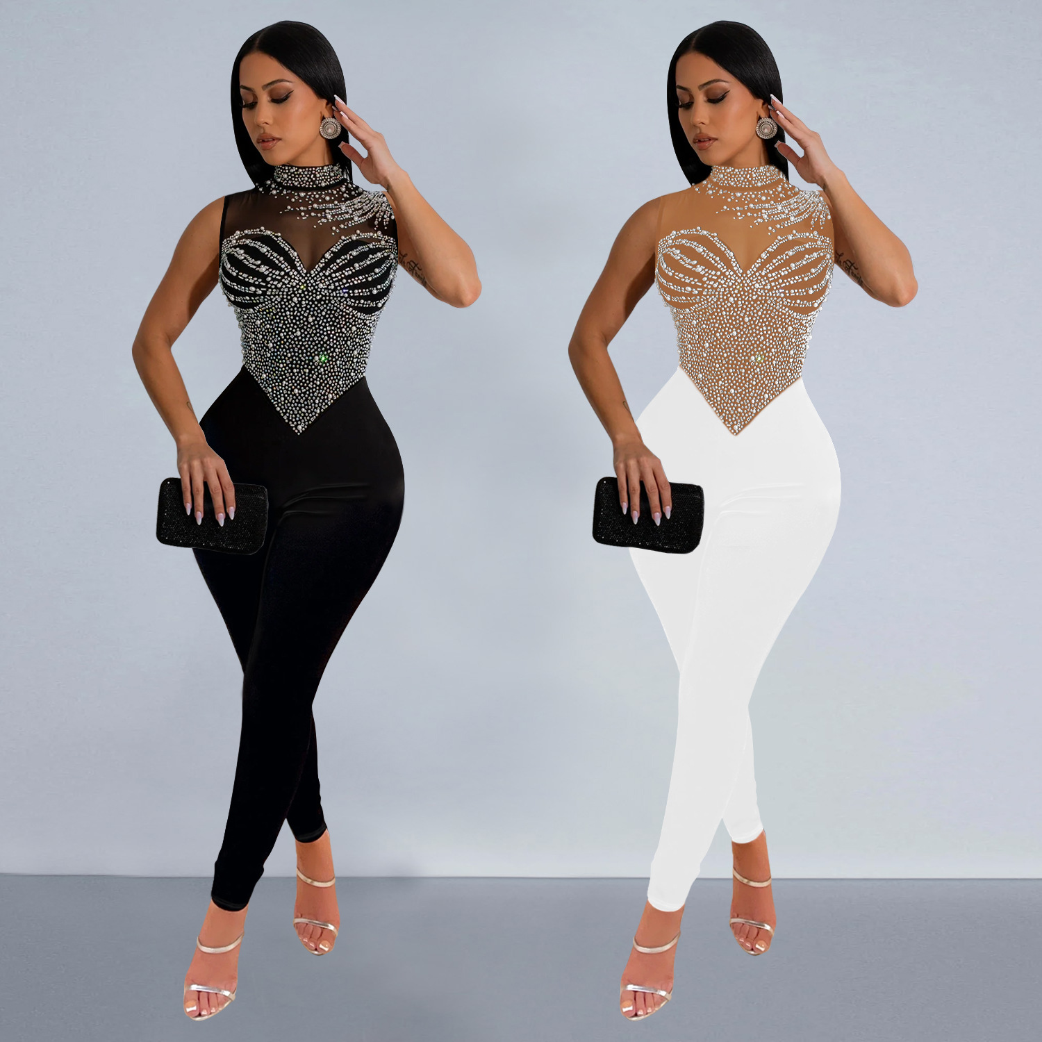 C7168 Aliexpress transfronterizo Amazon Europa y América ropa de moda de mujer de color sólido malla de diamante pantalones nuevos monjes
