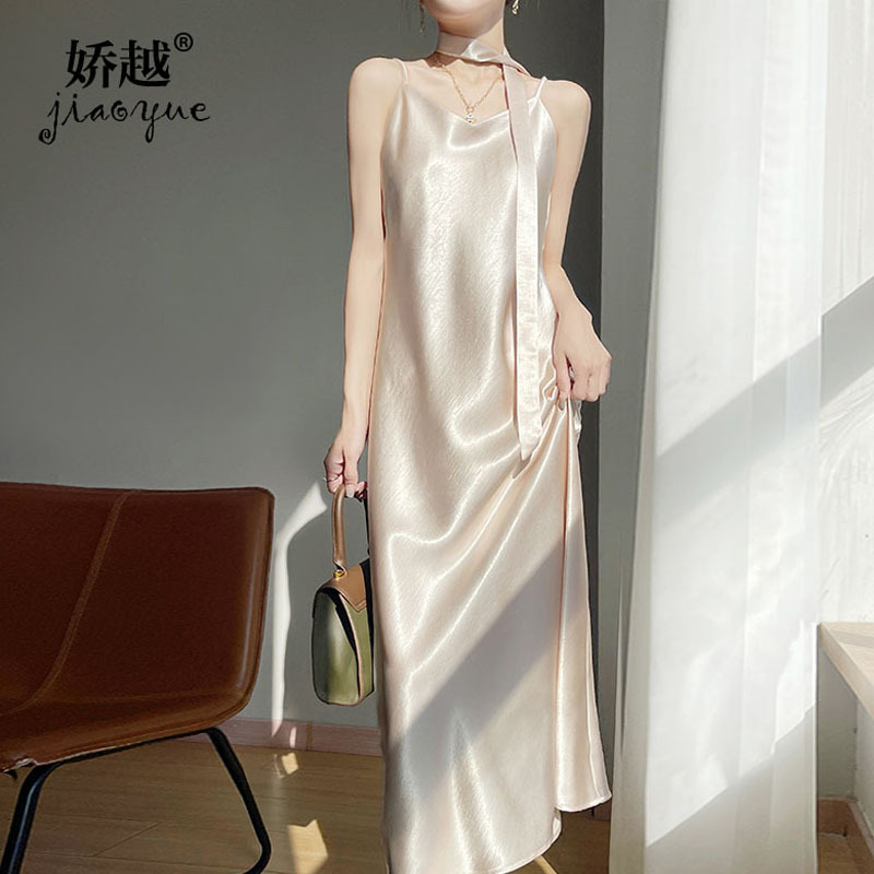 Gold-plated Satin Ribbon Slip Dress 2025 Summer New Acetic Satin Dape Slip dress Anti-silk Long Dress