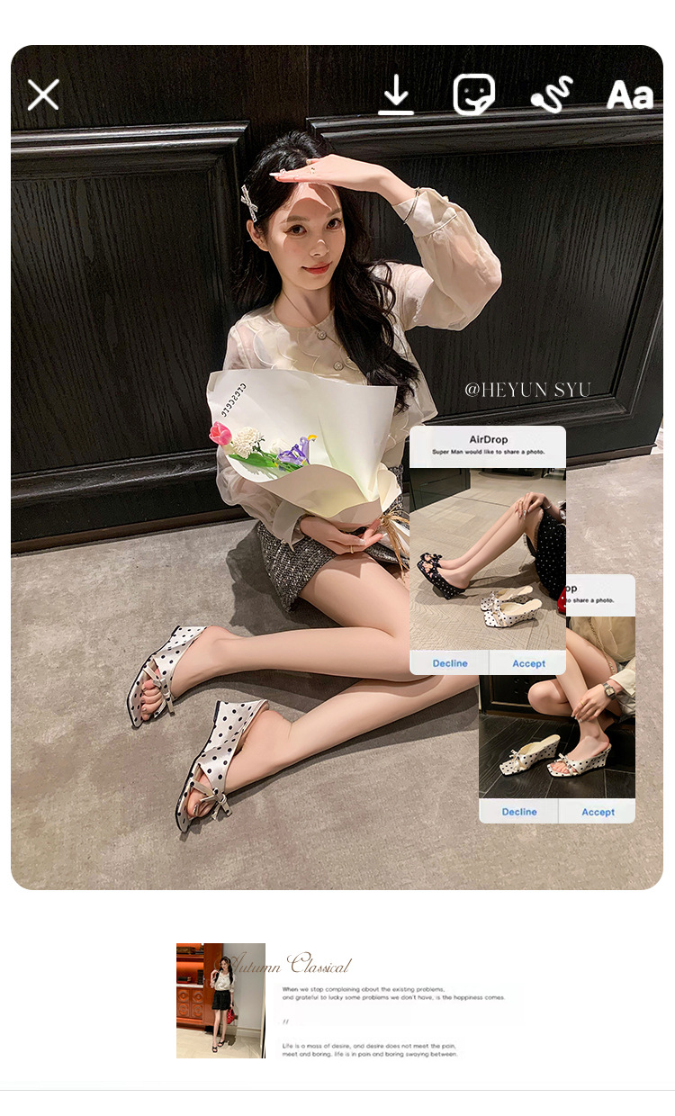 Sandal cao gót nữ hở mũi mũi vuông phong cách Pháp, quai ngang nơ bướm, đế xuồng chấm bi — màu đen, màu trắng chi tiết 1