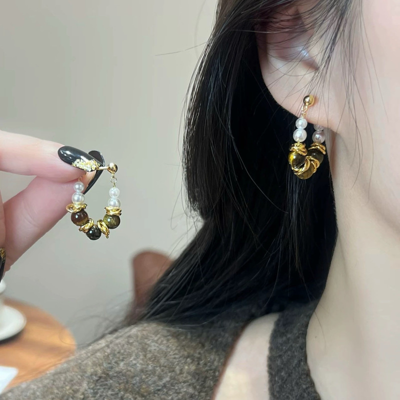 天然虎眼石珍珠拼接链条耳钉女复古美拉德轻奢时尚秋冬耳环耳饰|undefined