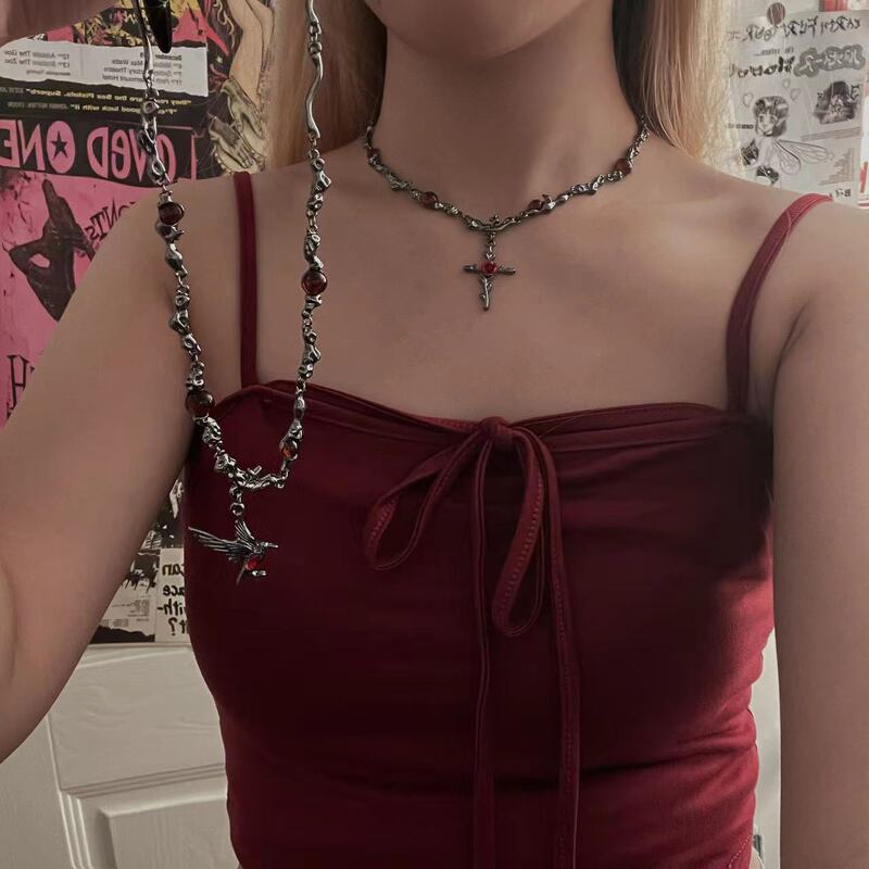 Y2k Spice Girl Style Rose Cross Necklace Women's Niche Dark Crow Chain Necklace chocker Accessories Trendy Y2k Spice Girl Style Rose Cross Necklace Women's Niche Dark Crow Chain Necklace chocker Accessories Trendy