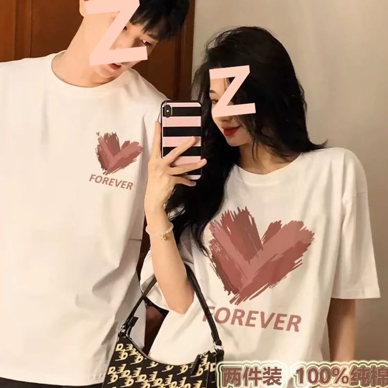 Two-piece couple T-shirts, summer 2026 new style, high-end and unique pure cotton short-sleeved women's shirts.