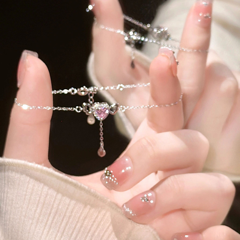 Pink Diamond Love Bracelet Women's Light Luxury Fashion Hollow Angel Wings Heart Shaped Zircon Internet Celebrity Elegant New Arrival Jewelry