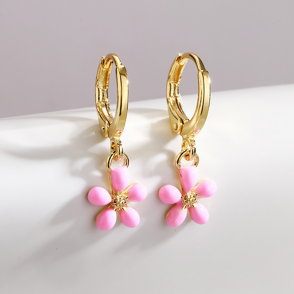 Fashion Flower Copper Enamel Gold Plated Drop Earrings 1 Pair