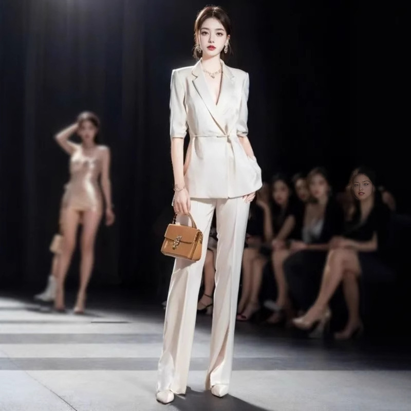 Summer New National Style High-End White Acetate Short-Sleeved Suit for Women Professional Commuting Suit Jacket Thin Section