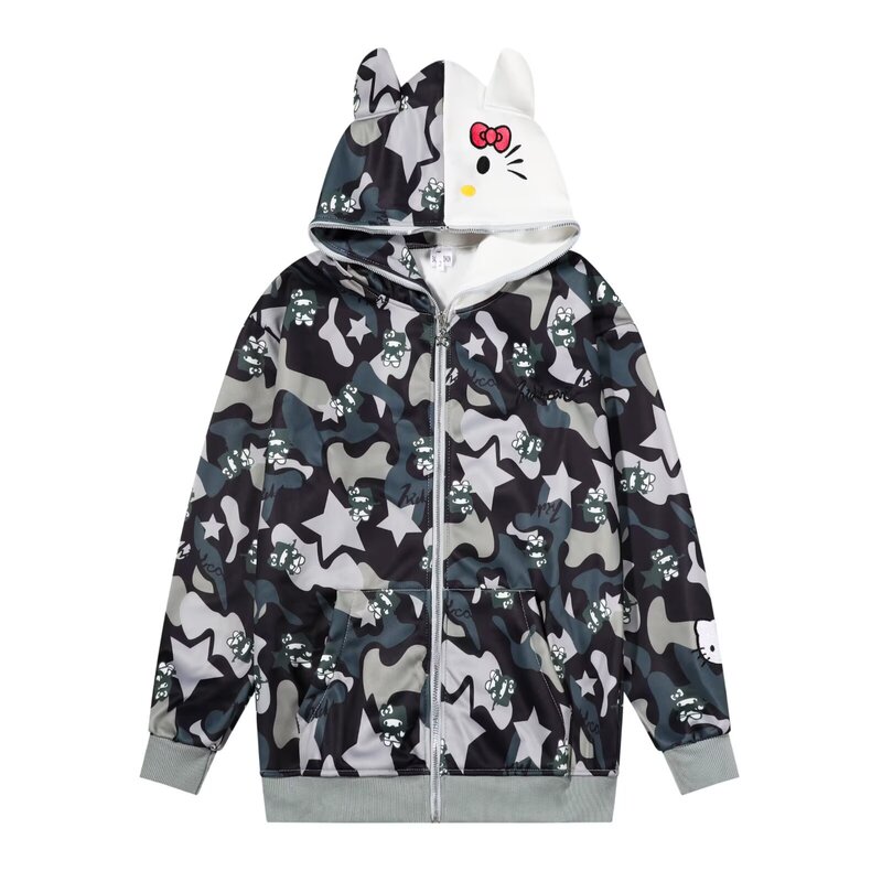 New Artistic American Cute Ears Hello Kitty All-Over Printed Camouflage Hooded Sweatshirt Jacket Women's Zipper Cardigan Versatile