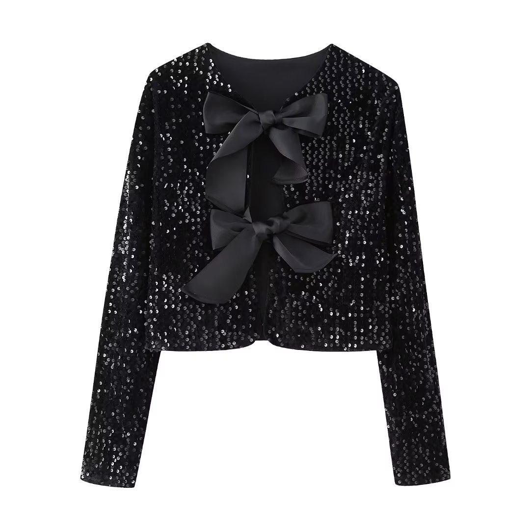 Abbigliamento donna Y2K primavera nuova camicia aderente corta a maniche lunghe con papillon e paillettes_voghion.com