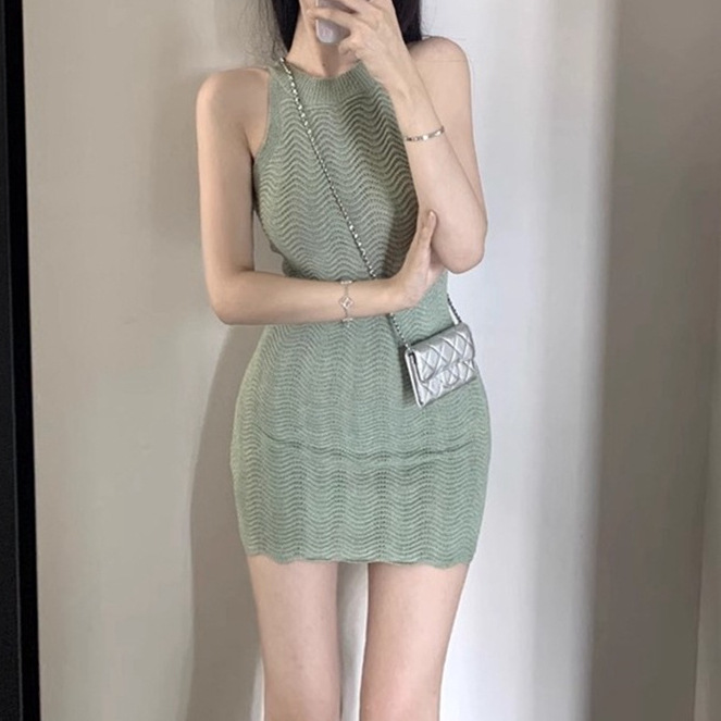 Pure Desire Hot Girl Sexy Sleeveless Halter Knitted Dress Women's Summer Style Ten Thousand Types of Tight Inner Hip Skirt