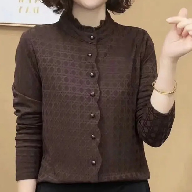 Dropshipping Autumn and Winter New Stylish Ruffled Jacquard Stretch Long-Sleeve Pullover Base Shirt Top D75924