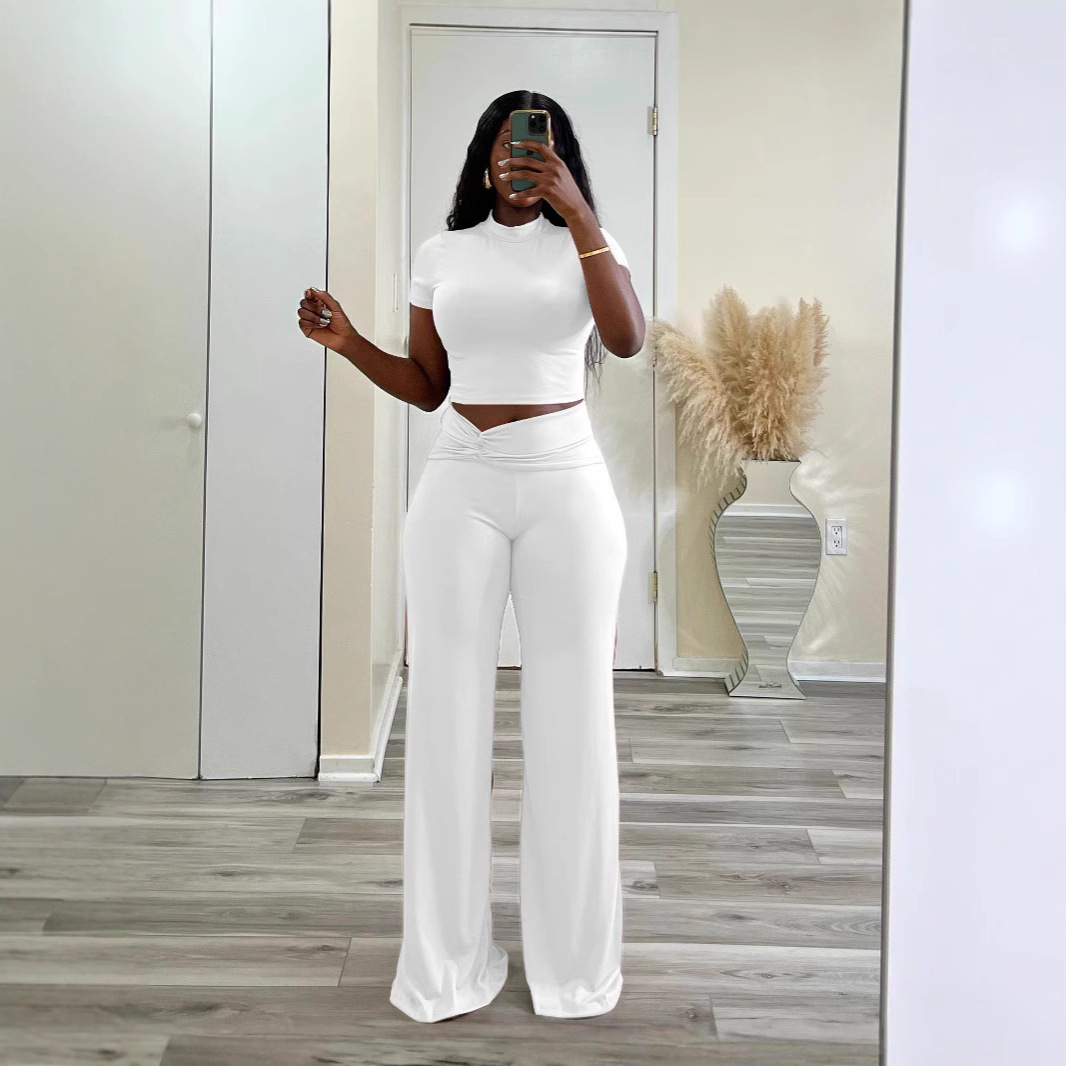 High Elasticity Slimming Wide Leg Pants Set High Waisted Twisted Two Piece Set Solid Color European And American Style Summer Wear For Women D10129_voghion.com