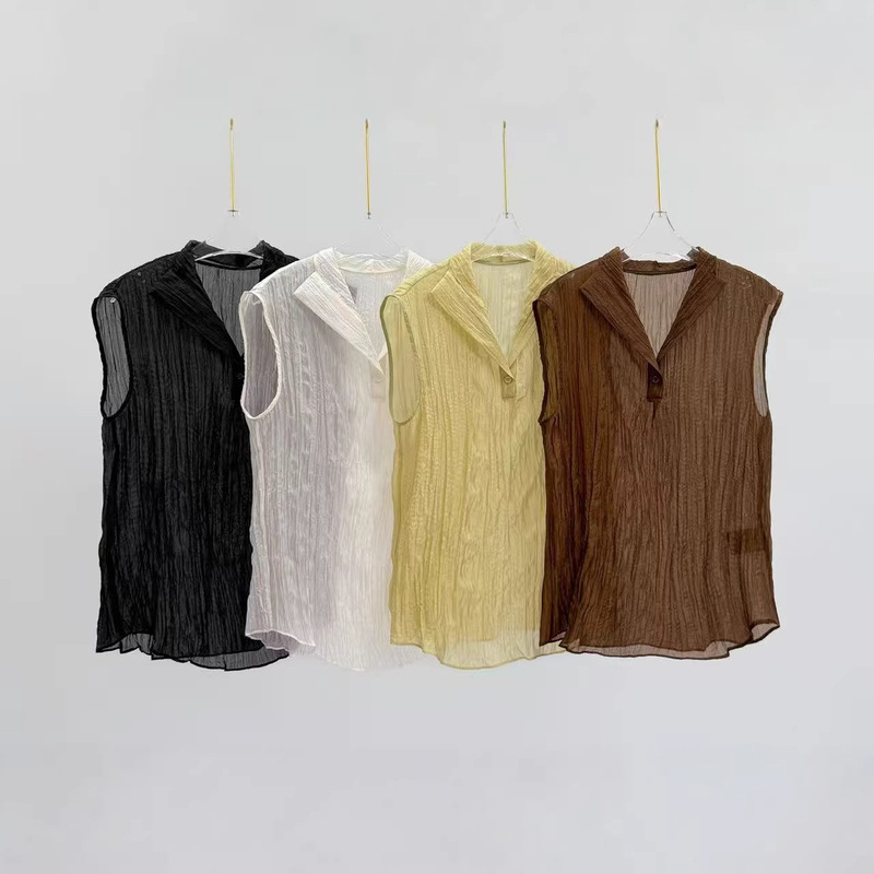 High-End Vintage-Style Tencel Pleated Sleeveless V-Neck Shirt for Women, 2026 Summer Thin Loose Versatile Top High-End Vintage-Style Tencel Pleated Sleeveless V-Neck Shirt for Women, 2026 Summer Thin Loose Versatile Top