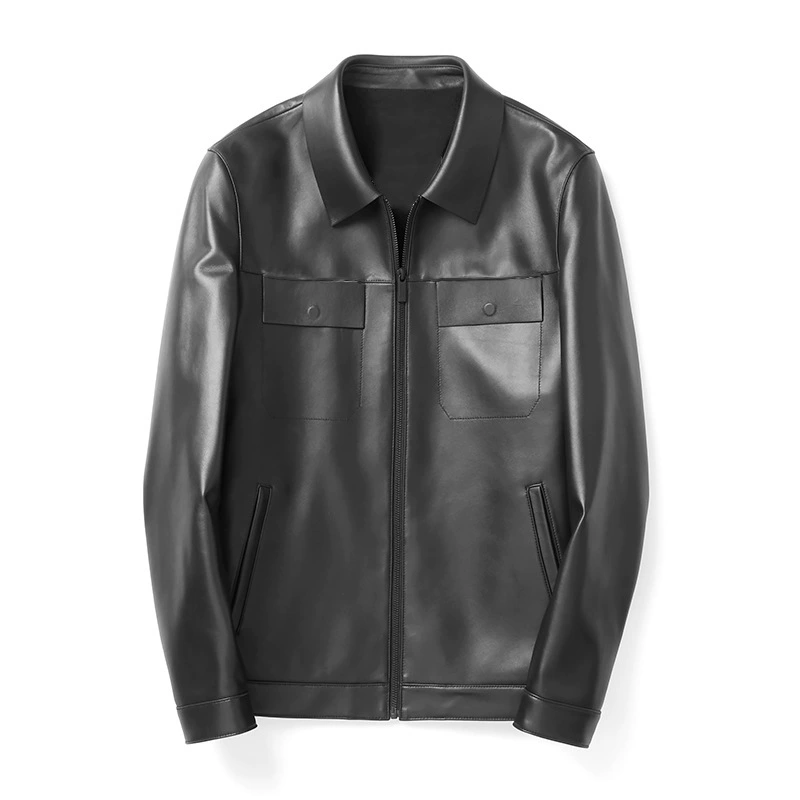 Black jacket for leisure, genuine leather, for middle age