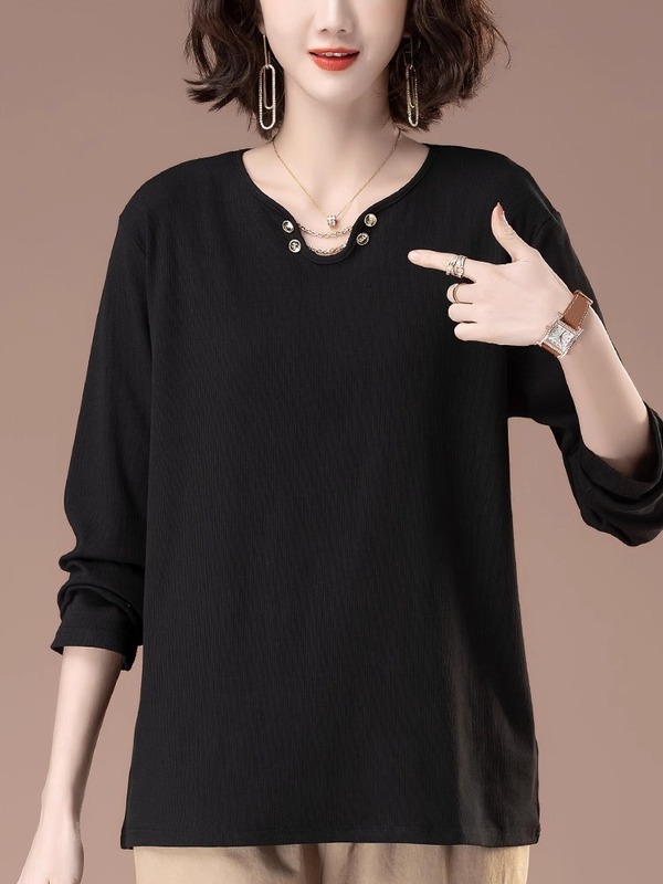 洋气中老年妈妈黑色t恤时尚遮肚打底衫女长袖百搭宽松特大码上衣|undefined