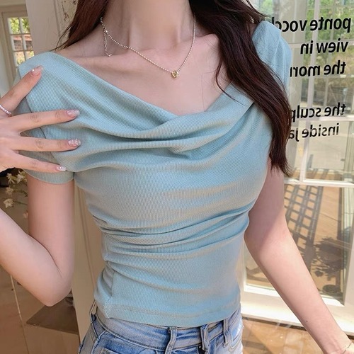 0829# Pleated Design Sensory No Bra Cup Seamless Short-Sleeve T-Shirt Slim Fit Versatile Solid Color Subtle Trick Hot Girl Top