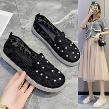 2022夏新款韩版蕾丝网面平底套脚单鞋女透气一脚蹬懒人绣花渔夫鞋