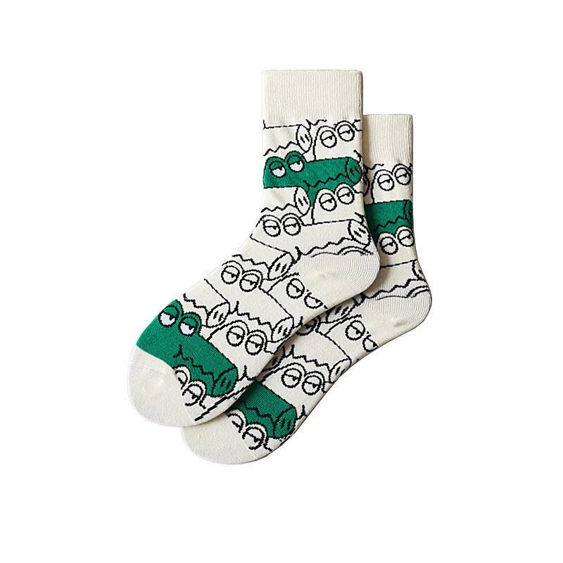 Trendy Cartoon Green Crocodile Cute Animal Korean-style Breathable College-style All-match Skate Socks for Men and Women Mid-tube Socks