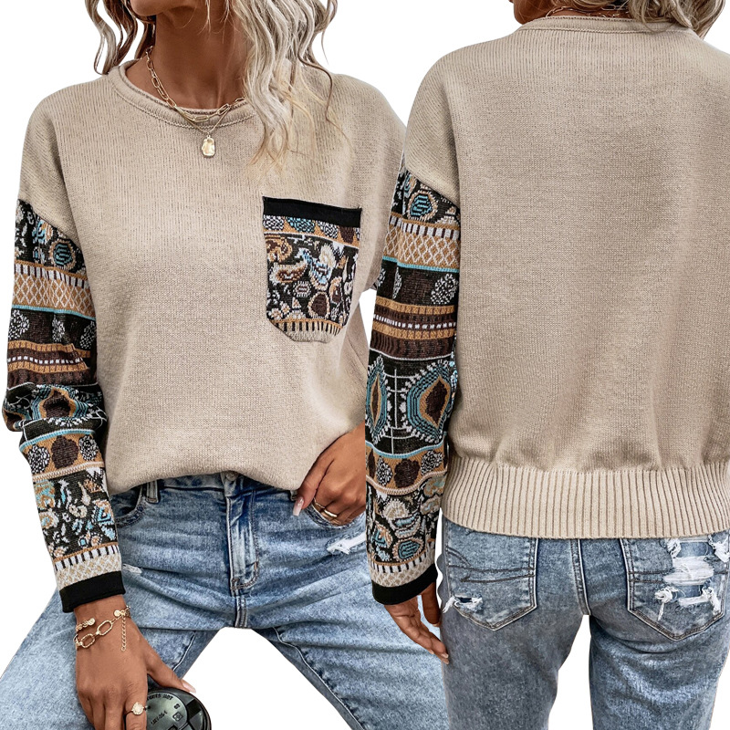 Women's Clothing Women's Autumn Knitted Loose Sweater Round Neck Color Block Long Sleeve Top For Formal & Casual For Women_ecoleips.com