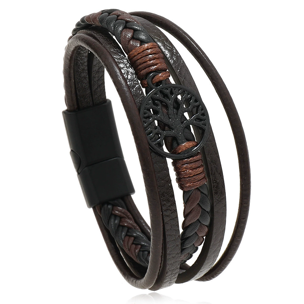 Men's PU Leather Bracelet RH360, Multi-Layer Beaded & Alloy Accents, 21.5 cm