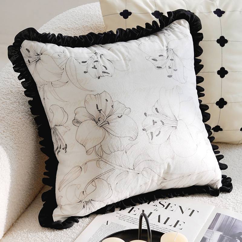 Almohada en blanco y negro de lujo ligero y de alta gama Almohada de la Edad Media francesa Bordado Cama simple Sala de estar Sofá Funda de almohada con núcleo