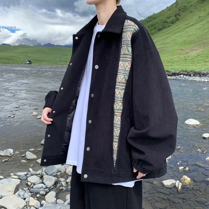 Stitching Corduroy Jacket Men's Spring and Autumn Japanese Niche Design Trendy Brand High-end Feeling Corppie Handsome Loose Shirt Jacket