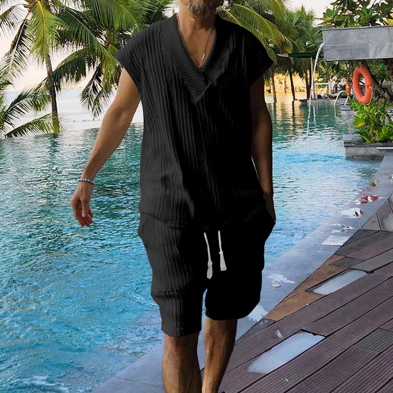 Men's Summer Jacquard Knit Short Sleeve Shirt And Shorts Set, Comfortable Casual Lounge Wear_viptrois.com