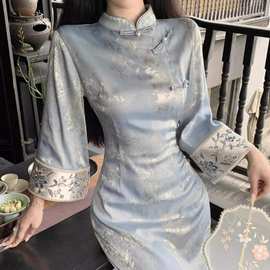 新中式蓝色印花修身倒大袖改良温柔旗袍秋复古竹叶国风立领连衣裙
