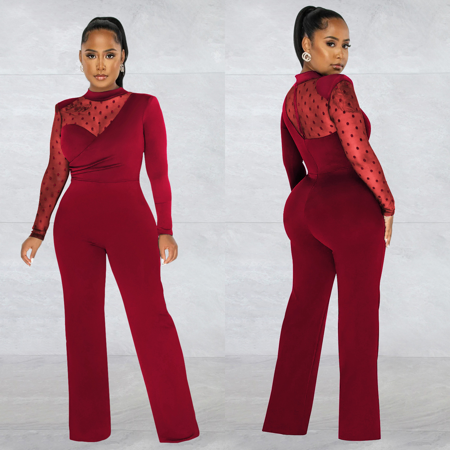 Women's Clothing fashion women's polka dot mesh see-through long-sleeved trousers solid color jumpsuit_voghion.com