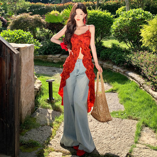 2025 Midsummer Love Poem French Resort Style Collar Red Three-Dimensional Rose Print Suspender Top