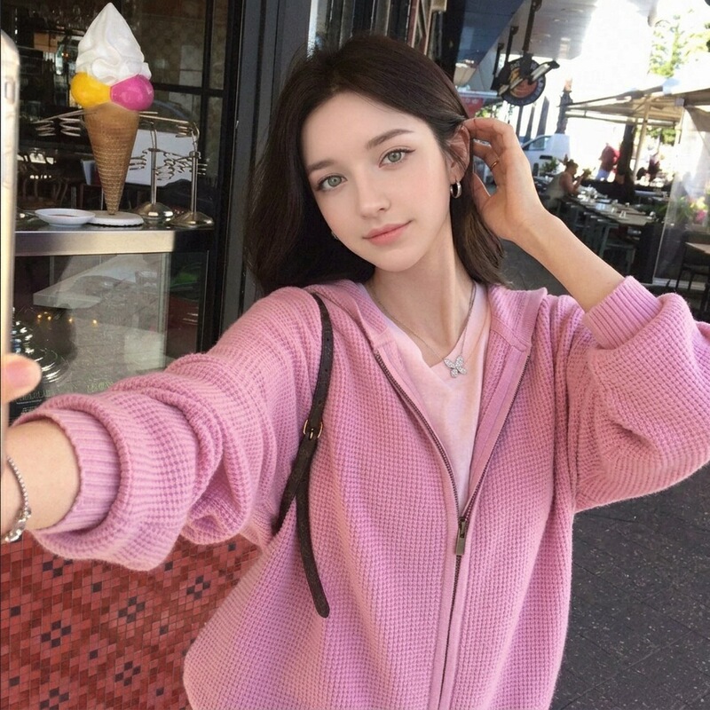 LEKA Korean-style casual waffle knit hooded zip-up cardigan women's autumn new coat top LEKA Korean-style casual waffle knit hooded zip-up cardigan women's autumn new coat top