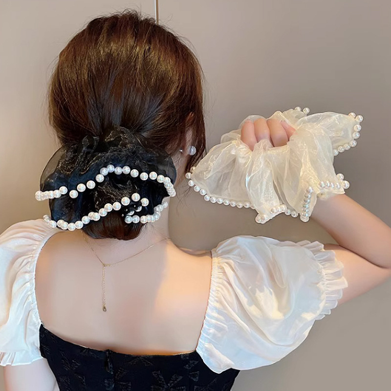 Xiaoxiangfeng 真珠光沢のあるメッシュ模造真珠ヘアゴムボールヘッドバンド韓国スタイルのハイエンド気質多用途ヘアロープ女性用|undefined