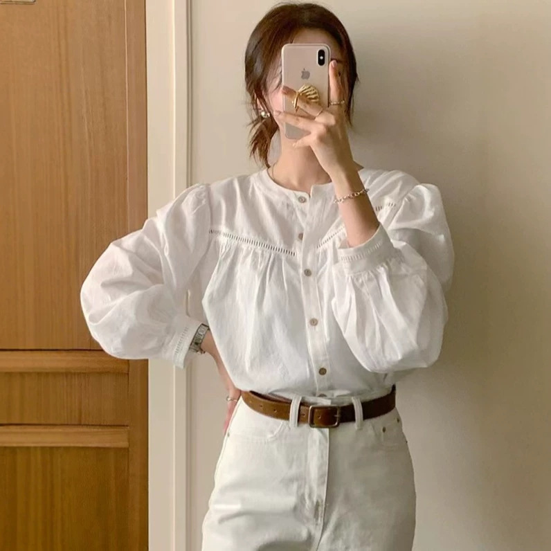 South Korea's Dongdaemun Cross-Border New Women's Clothing Chic Splicing Cut Out Lace Shirt Sweet Spring & Fall Pure Color Dongdaemun