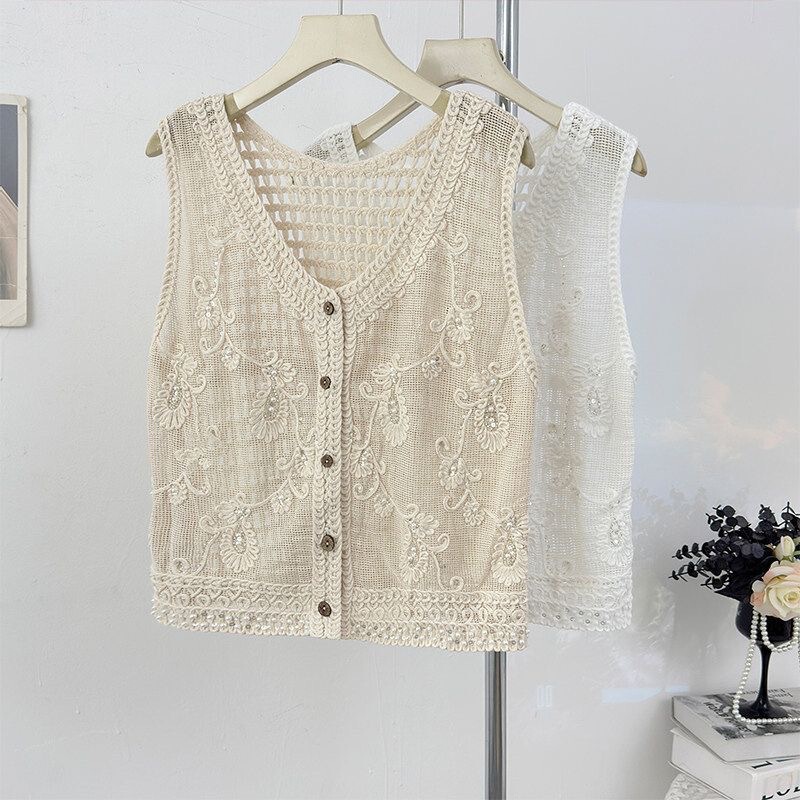 French-Style Summer New Crochet Hollow-Out Knit Top with Handmade Beading Design, Paired with a V-Neck Layered Vest