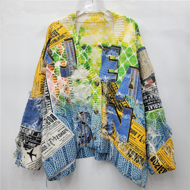 2025 otoño y invierno nuevos productos American Street Graffiti digital impresión frillera suelta cardigan de punto de manga larga image 1