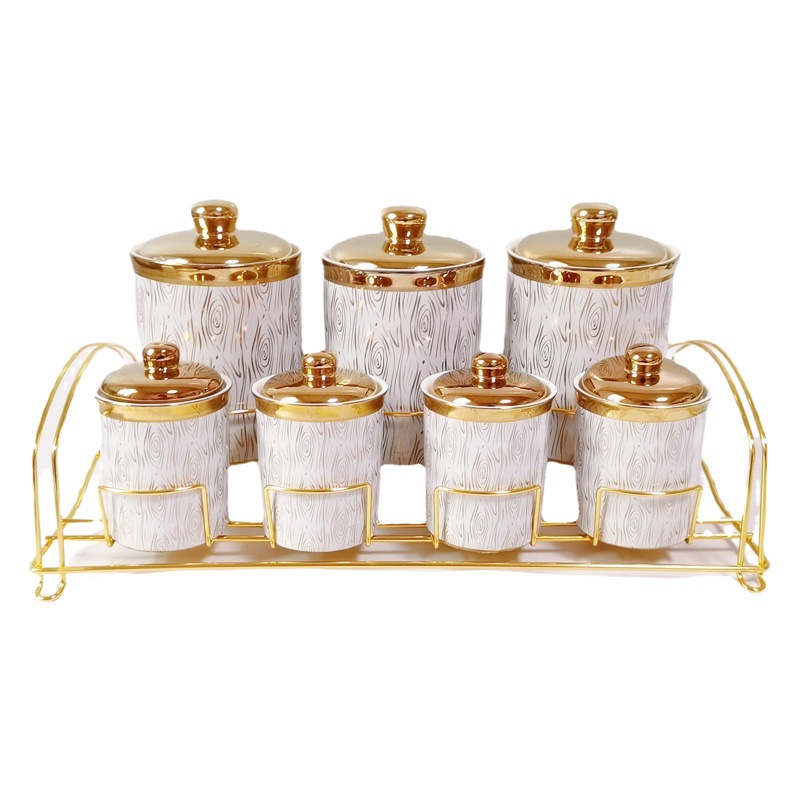Comercio exterior transfronterizo de exportación de galvanoplastia cerámica sellada tarro cocina condimento tarro de doble capa de oro tarro de almacenamiento tarro de té de café