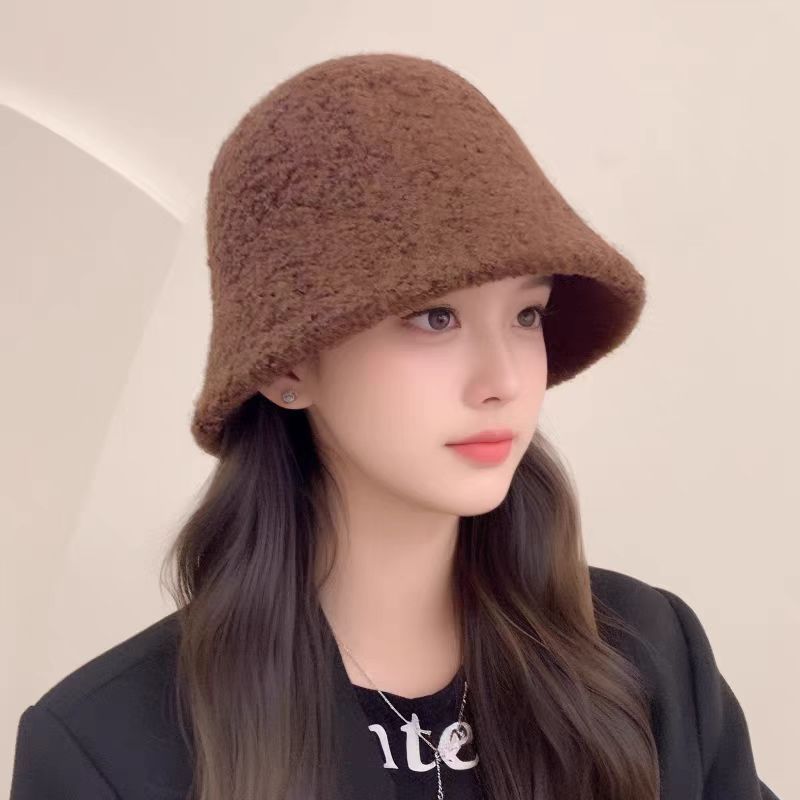 帽子女秋冬季羊羔毛渔夫帽黑色素颜显脸小水桶帽大脸保暖毛绒盆帽|undefined