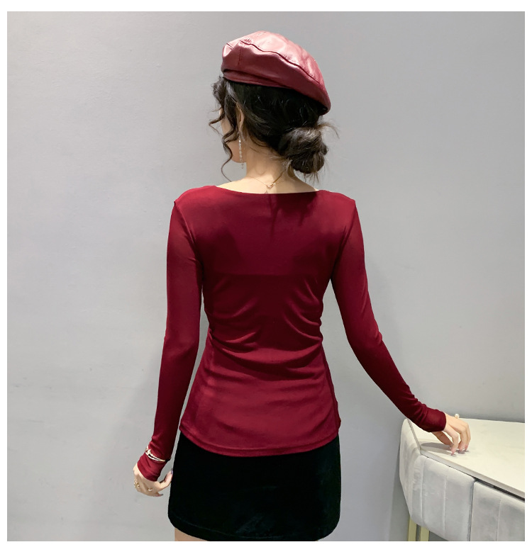 T-shirt da donna slim in rete a maniche lunghe con camicia slim a fondo incrociato_voghion.com