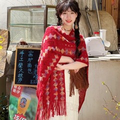 云南草原旅游度假穿搭披风斗篷外套流苏毛衣开衫针织衫女披肩上衣