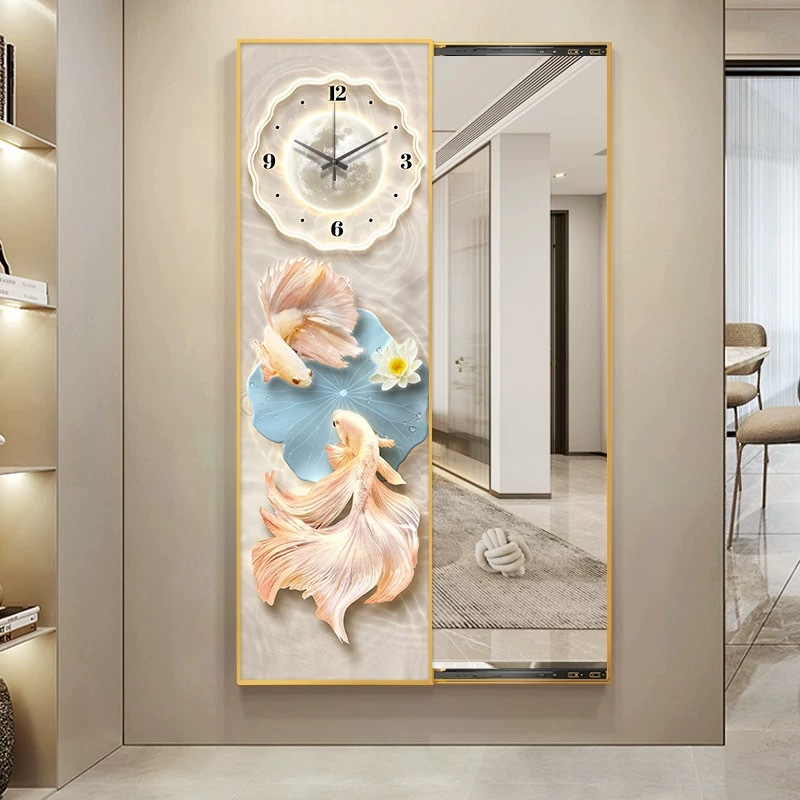 奶油风锦鲤时钟挂画推拉式隐形穿衣镜挂画过道玄关全身镜装饰挂画