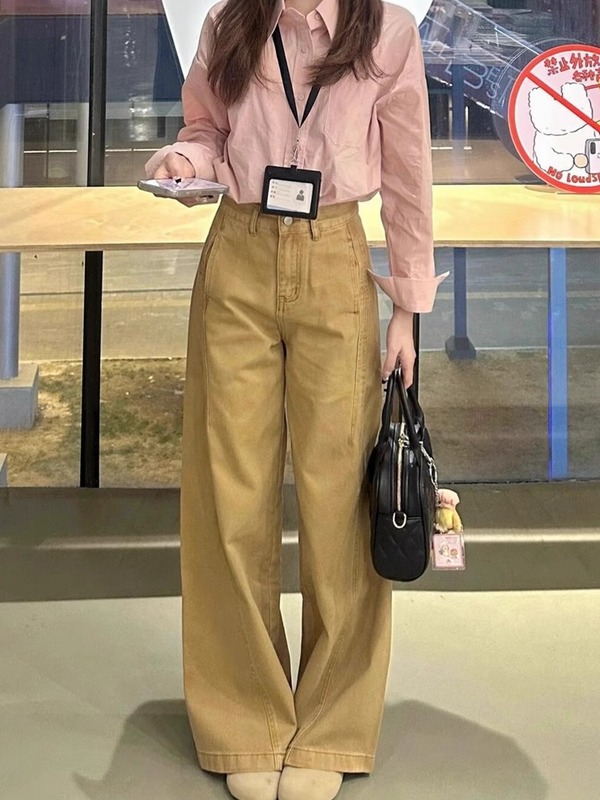 美式卡其色阔腿弯刀牛仔裤女夏季新款设计感宽松显瘦直筒休闲裤子|undefined