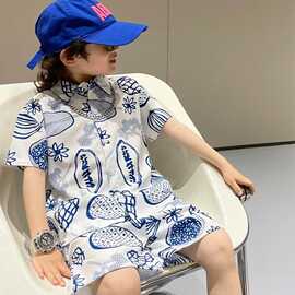 儿童兄妹装男童夏季青花瓷短袖短裤套女宝宝洋气露肩旗袍裙度假风