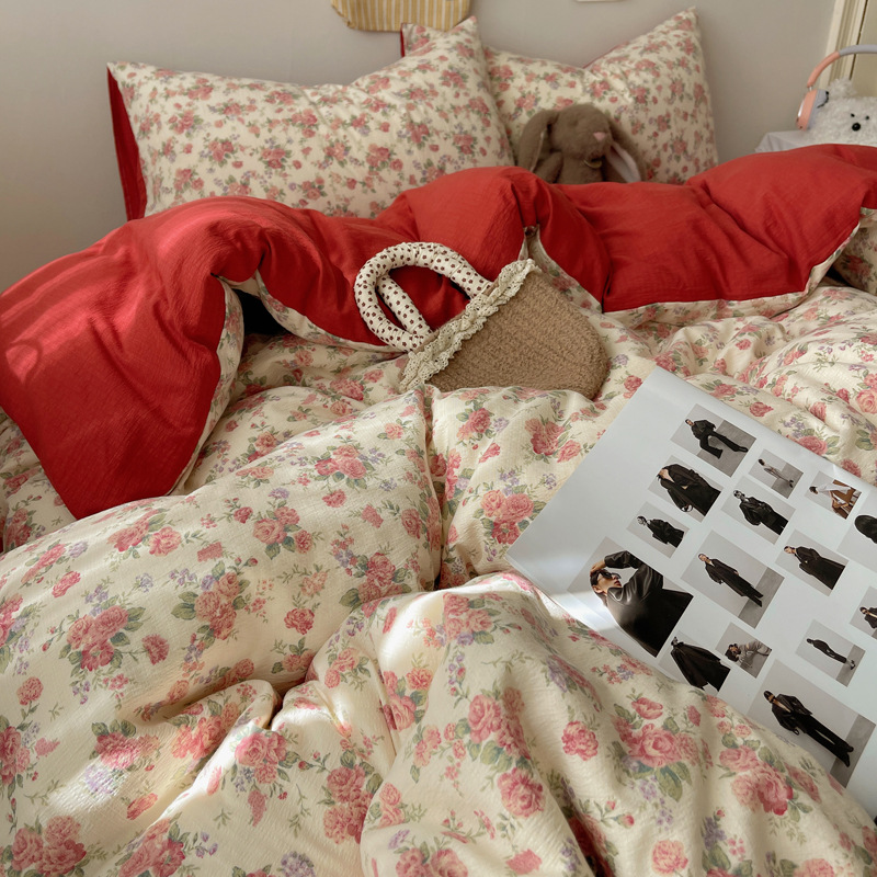 Madre y bebé clase A cuatro piezas de algodón doble hilo ropa de cama ins sábanas de flores trituradas cubierta dormitorio tres piezas de conjunto